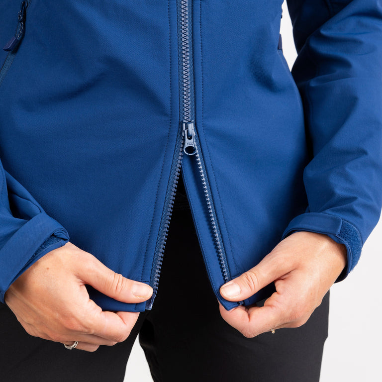 alpkit womens resolute softshell jacket in memo blue two way zip