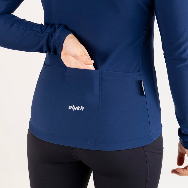 alpkit Valli womens long sleeve cycling jersey in navy blue back pockets