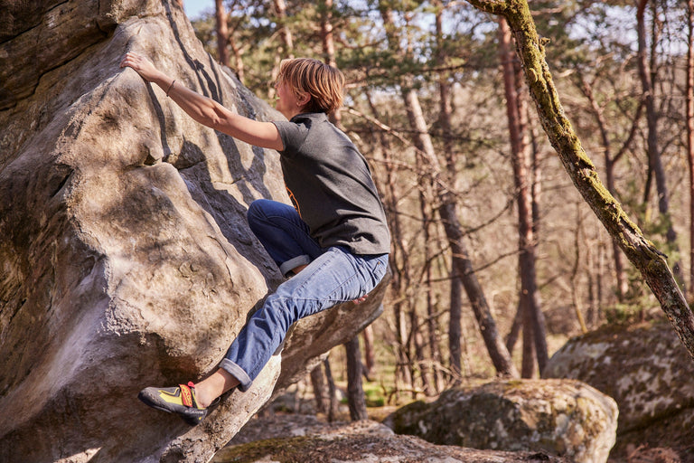 Zofia Reych bouldering in Font wearing the Sequence climbing jeans - action