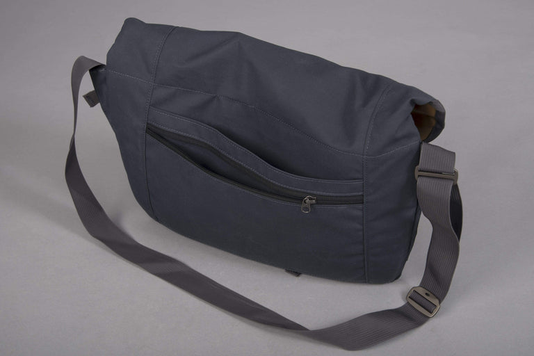 alleycat waxed cotton messenger bag in denim security pocket - closed