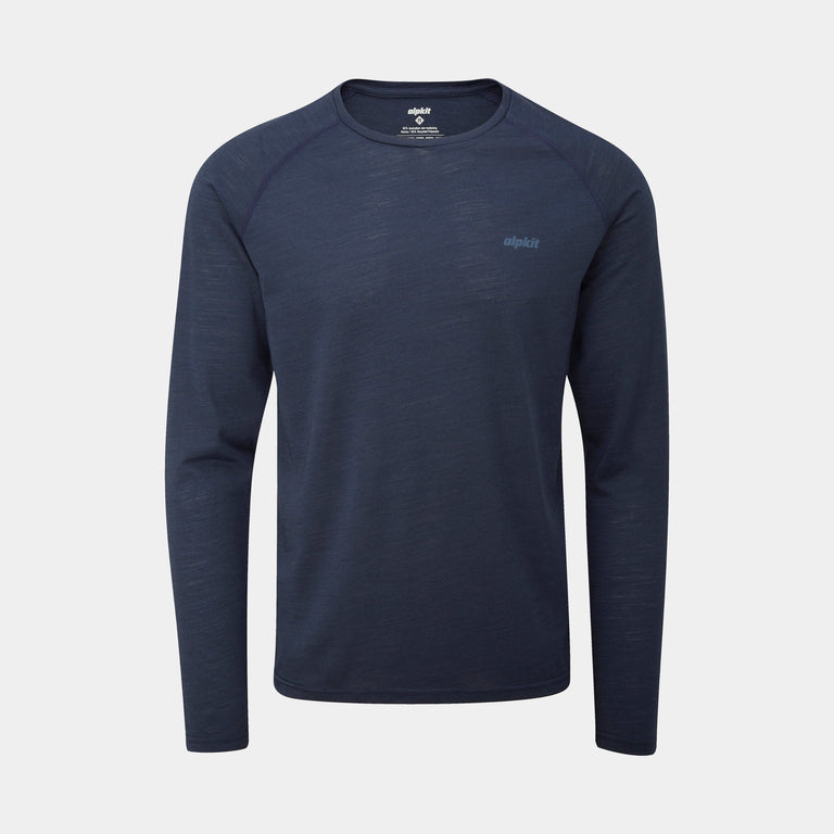 alpkit mens aztec long sleeve merino blend baselayer in outer space blue - closed