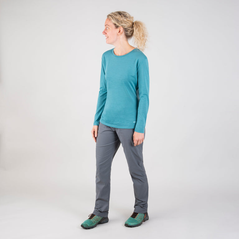 alpkit womens aztec long sleeve merino blend baselayer in halcyon blue outfit