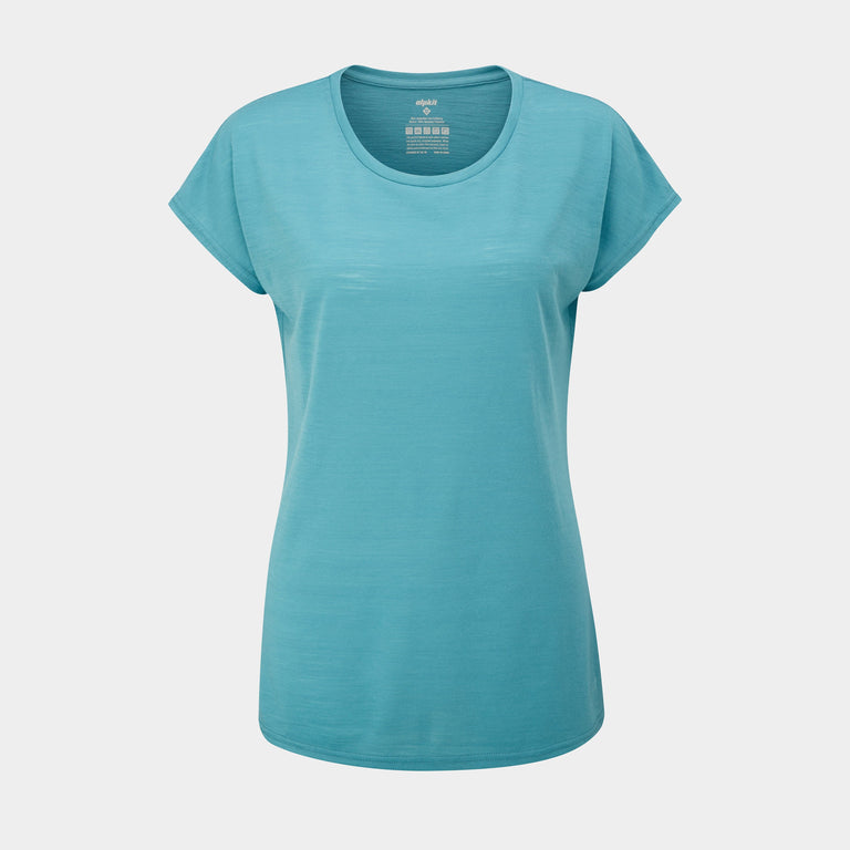 alpkit womens aztec short sleeve merino blend baselayer in halcyon green blue - closed