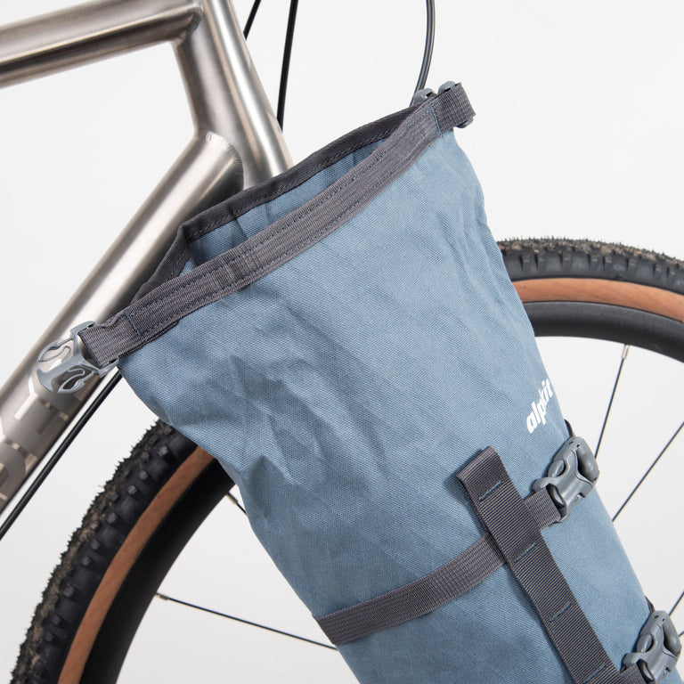 alpkit belongs fork cage bikepacking bag in storm grey top - closed