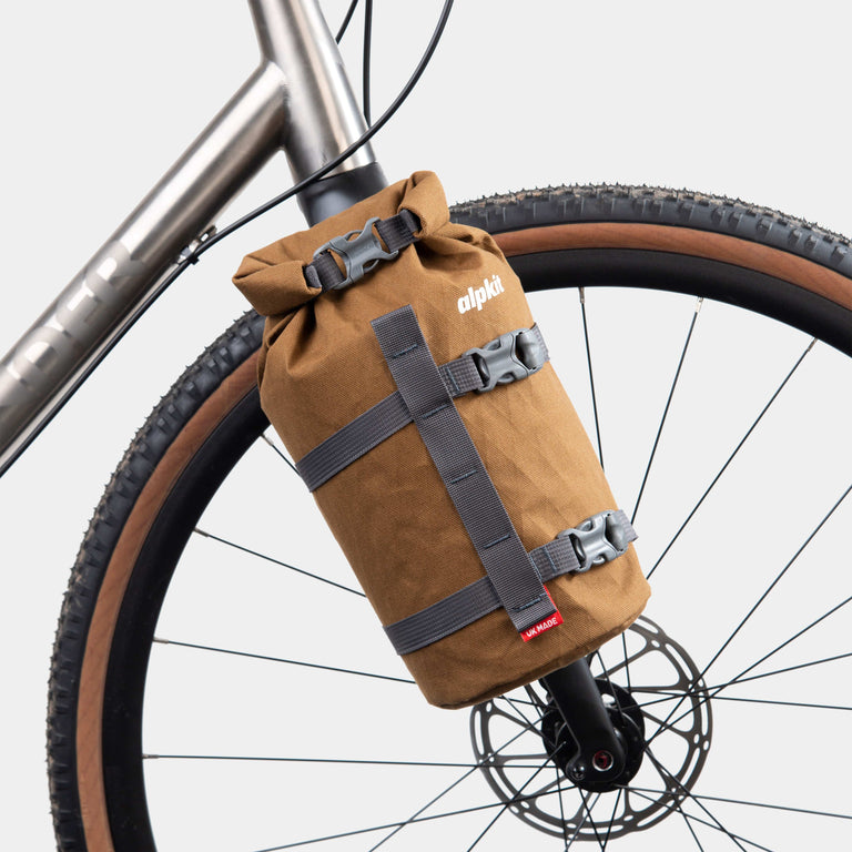 alpkit belongs fork cage bikepacking bag in mountain brown