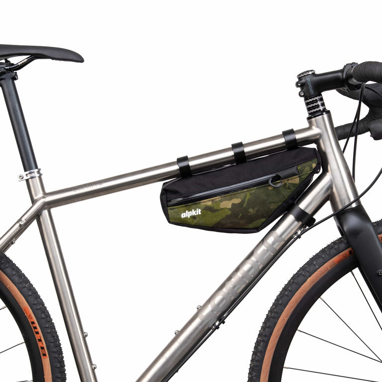 alpkit bilbie bikepacking framebag in camo - closed