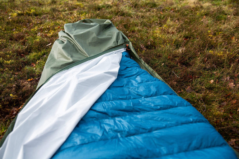 Alpkit elan hooped bivy zip length detail with pipedream sleeping bag