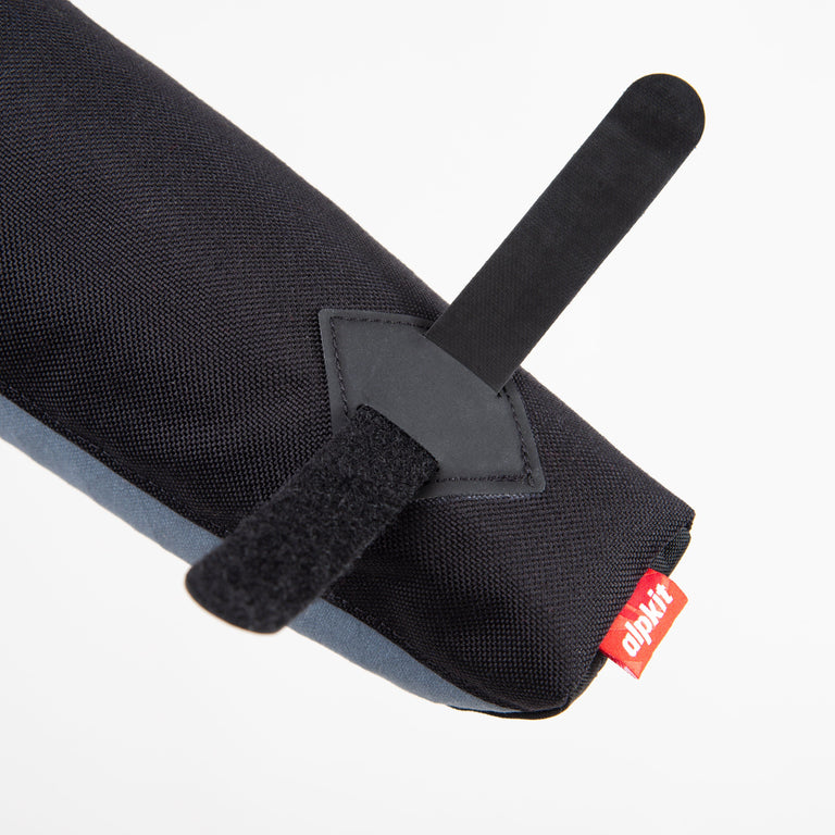 alpkit fuel pod long top tube bag for bikepacking in storm grey strap 