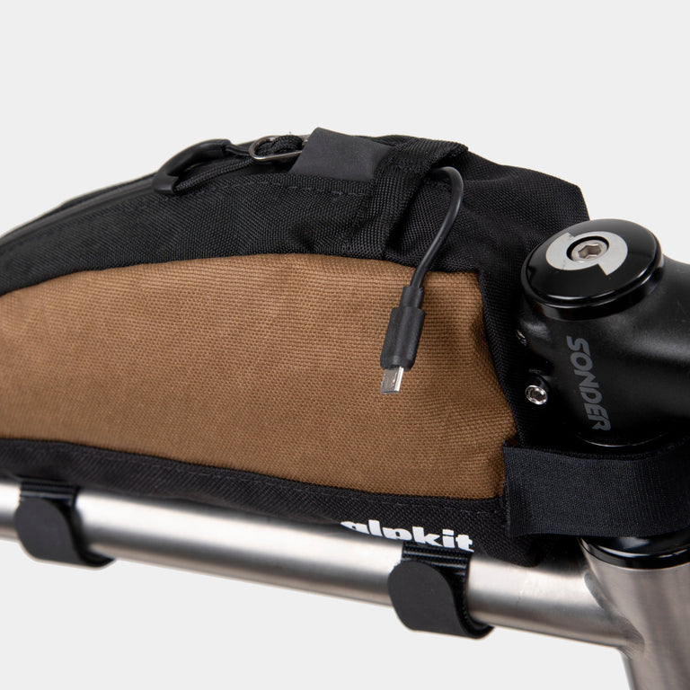 alpkit fuel pod top tube bag cockpit bag cable ports - closed