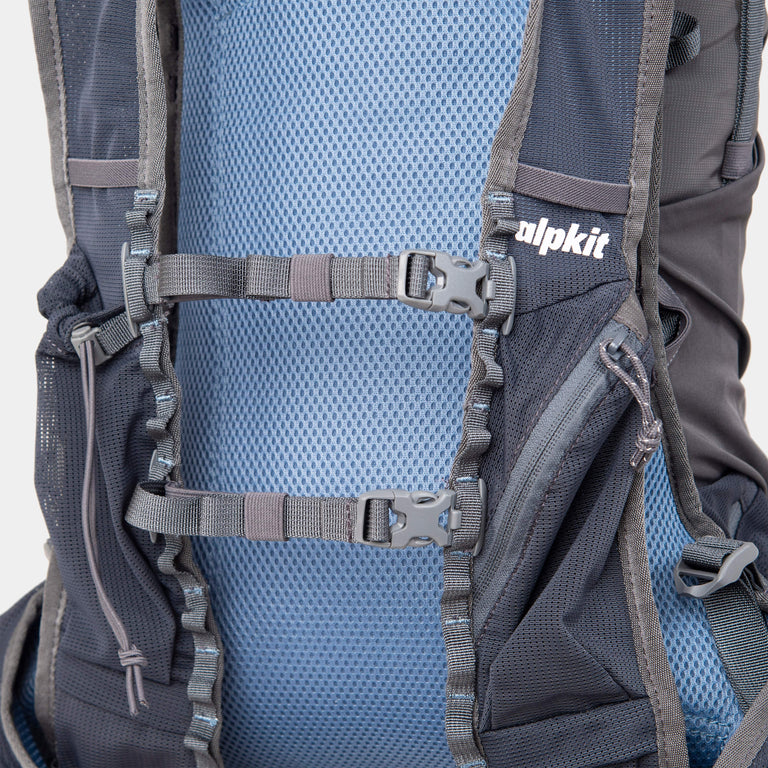 alpkit Idris 25L mountain marathon pack in dark grey chest straps