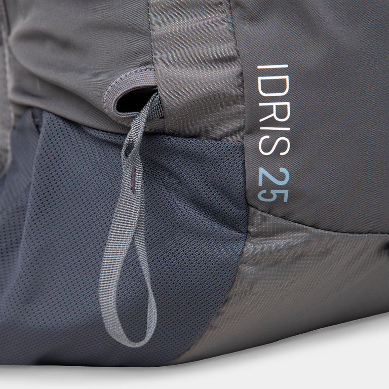 alpkit Idris 25L mountain marathon pack in dark grey trekking pole loops