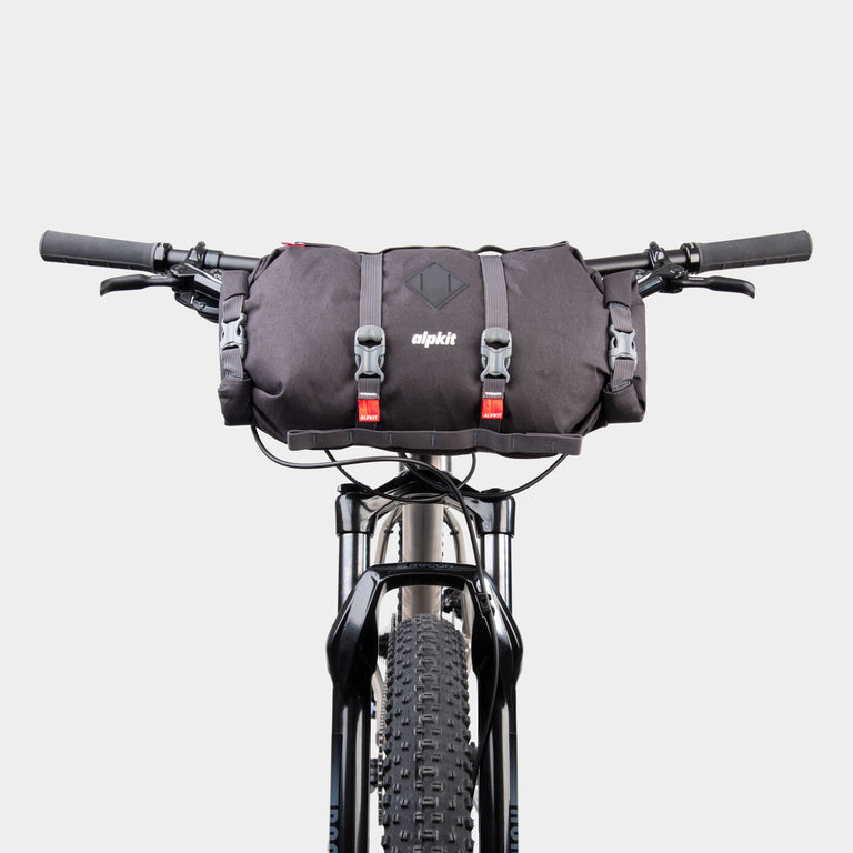 alpkit kuoka handlebar bag for bike packing in panther black 