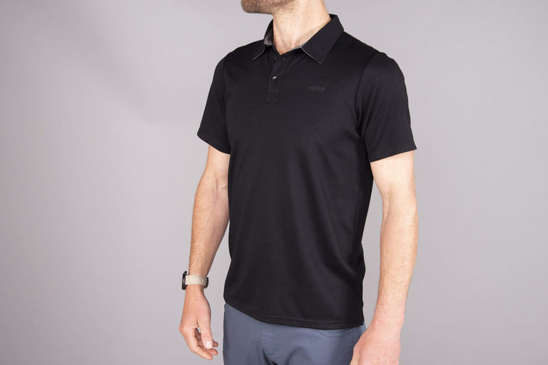 mens alpkit cabrera polo in black front  - closed