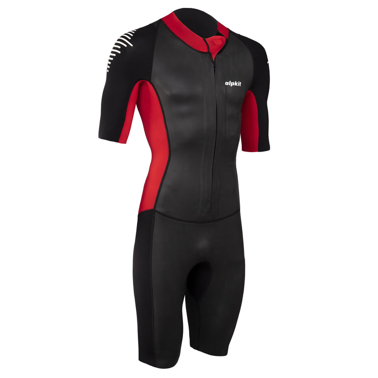 alpkit duel mens swim run wetsuit in red and black - closed