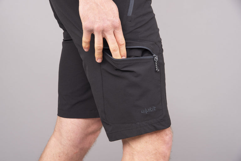 mens Alpkit faro softshell shorts in black pocket