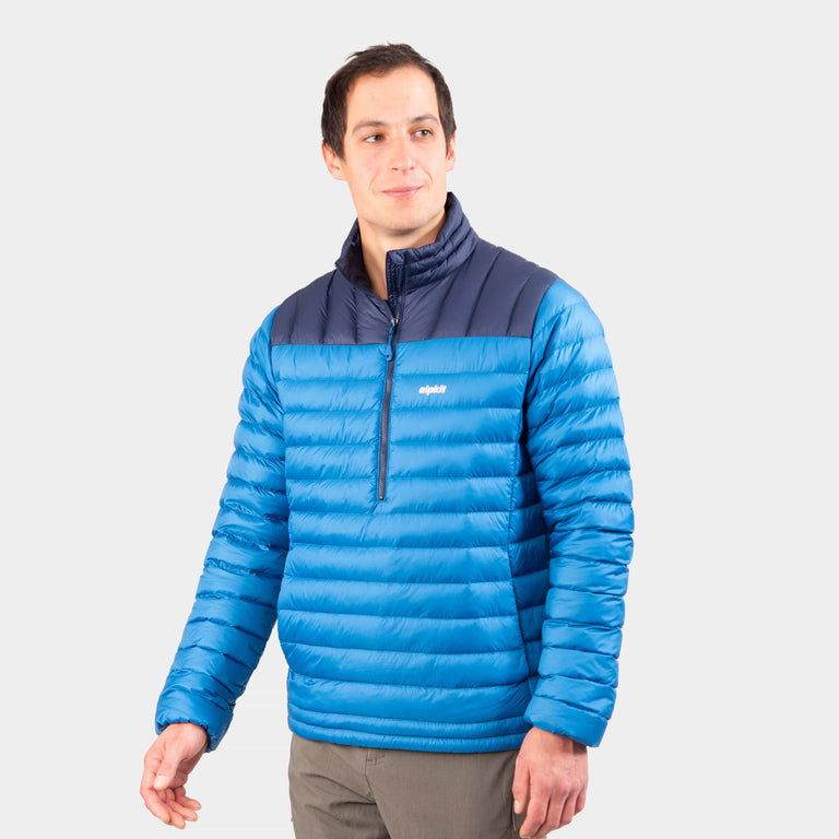 alpkit mens filoment smock recycled down jacket in reef blue | Harry is 5'11"