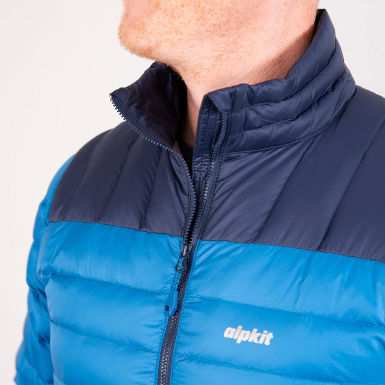 alpkit mens filoment smock recycled down jacket in reef blue collar