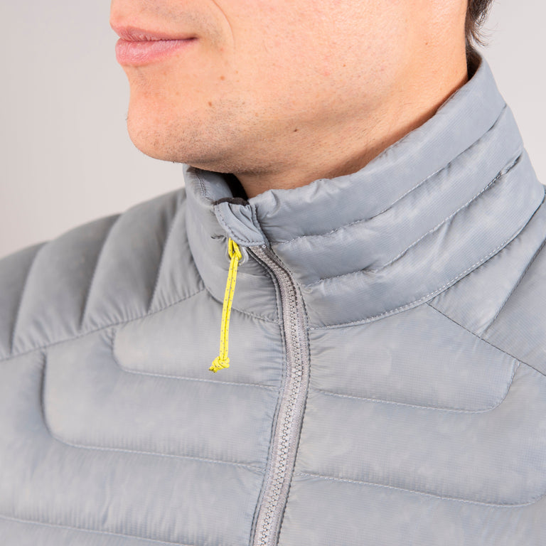 alpkit halogen mens ultralight down jacket in mercury zip collar - detail