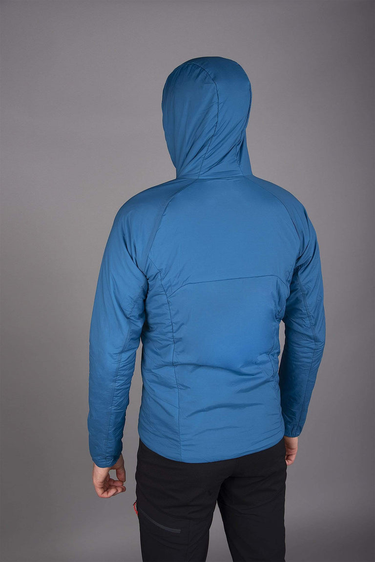 back detail of mens katabatic synthetic insulation jacket in reef