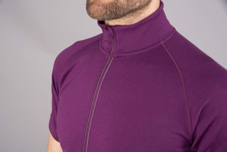 mens kepler velo short sleeve cycling jersey in purple collar