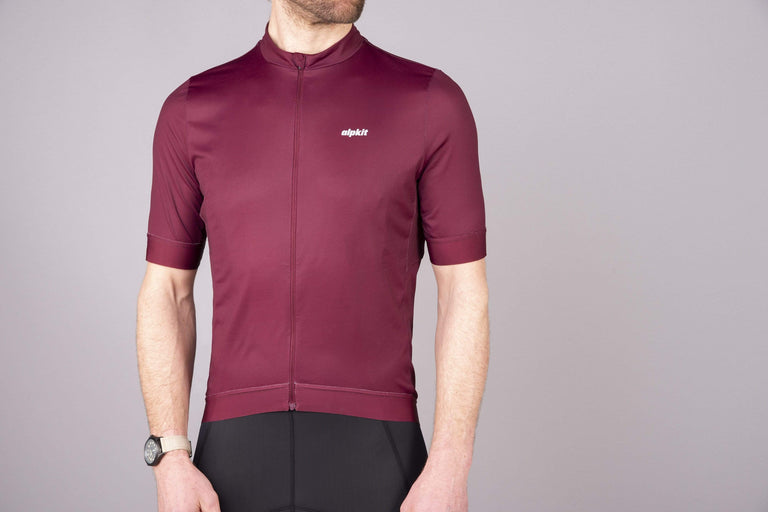 mens Alpkit rhythm elite cycling jersey in burgundy front