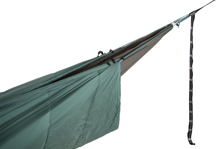 Alpkit mora hammock underquilt in kelp hanging cords