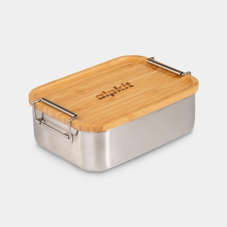 alpkit snap 1200 bamboo lid mes tin chopping board