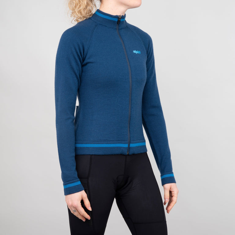 alpkit torino womens merino full zip in ocean blue front