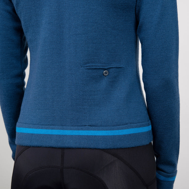 alpkit torino womens merino full zip in ocean blue rear button pocket