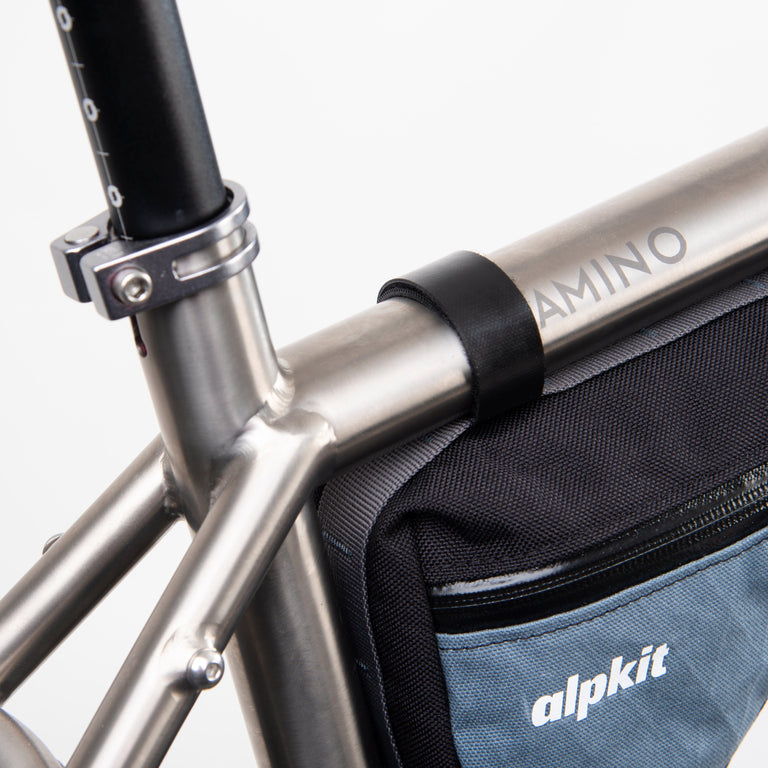 alpkit wombat rear framebag in storm grey top tube strap