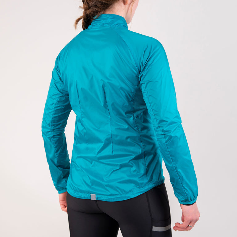 Alpkit women's Arro windproof cycling and running jacket in surf blue back