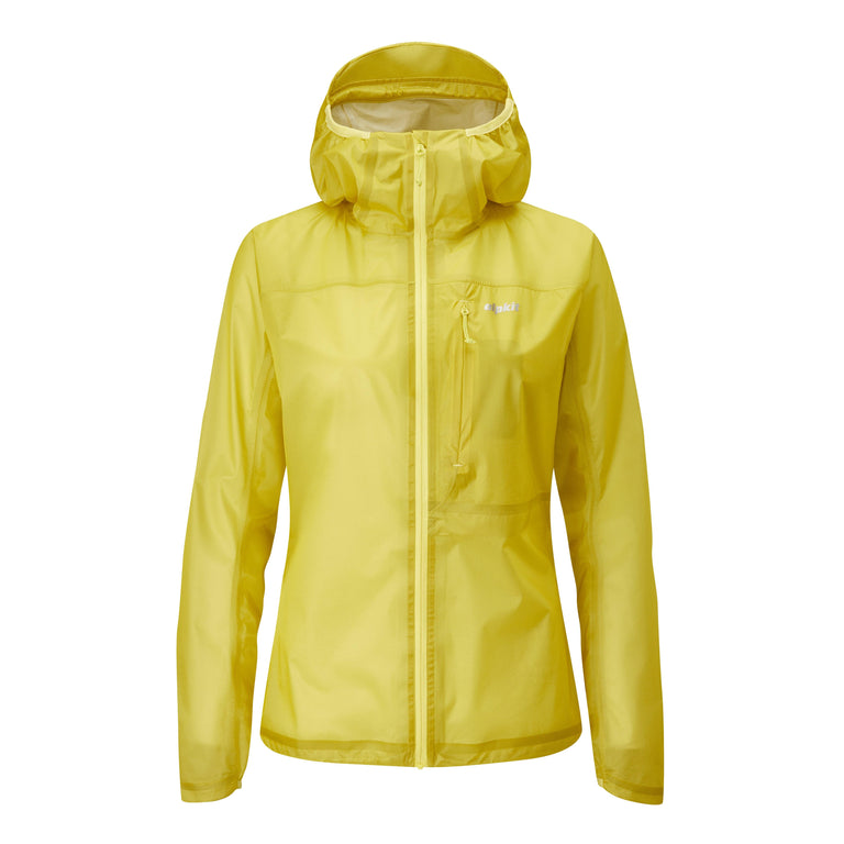 alpkit womens gravitas waterproof jacket in sulphur yellow - closed