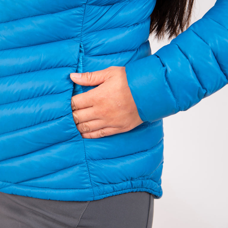 alpkit womens halogen ultralight down jacket in reef blue pockets |jl