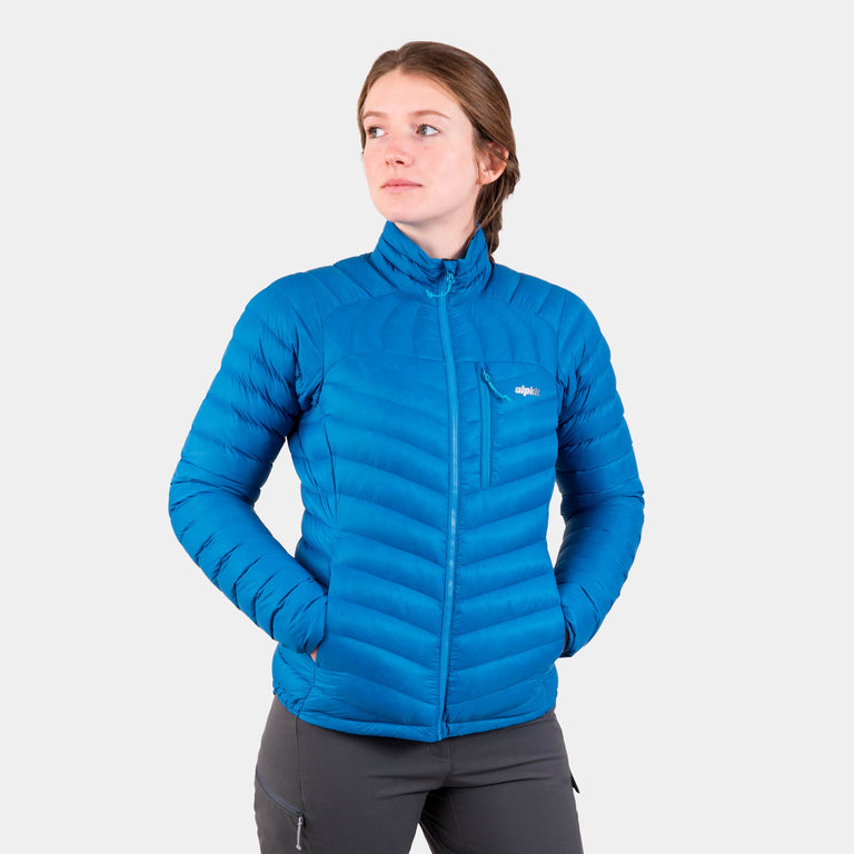 alpkit womens halogen ultralight down jacket in reef blue - closed