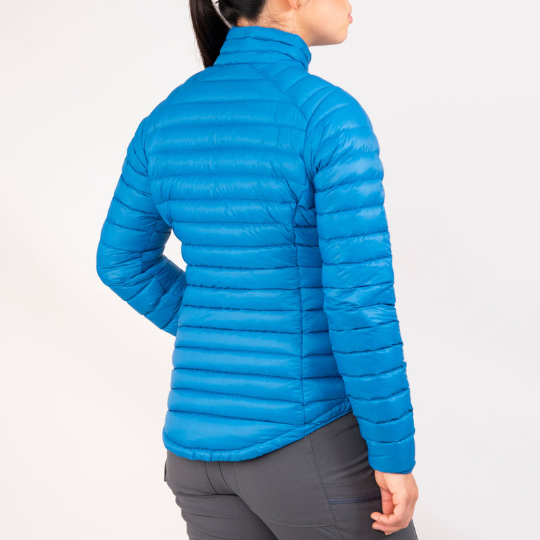 alpkit womens halogen ultralight down jacket in reef blue back |jl