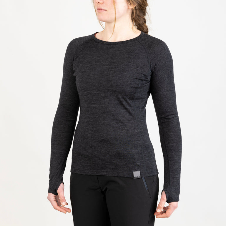 alpkit womens kepler merino long sleeve base layer in charcoal grey front