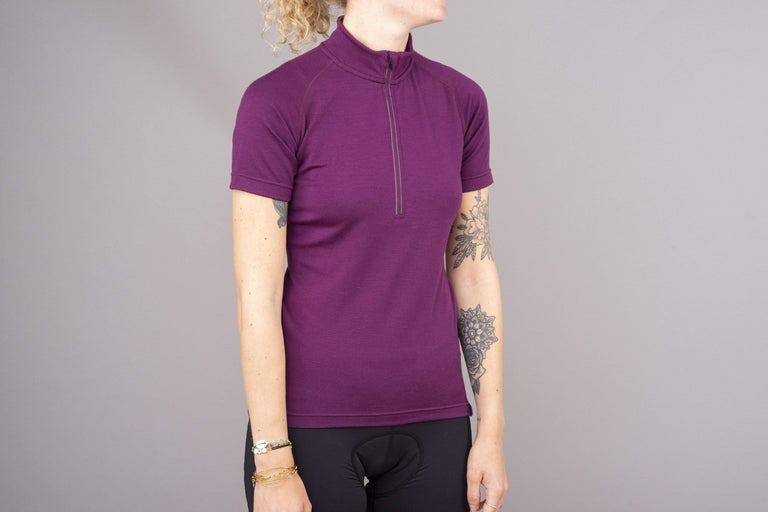 womens kepler velo short sleeve cycling jersey in purple front