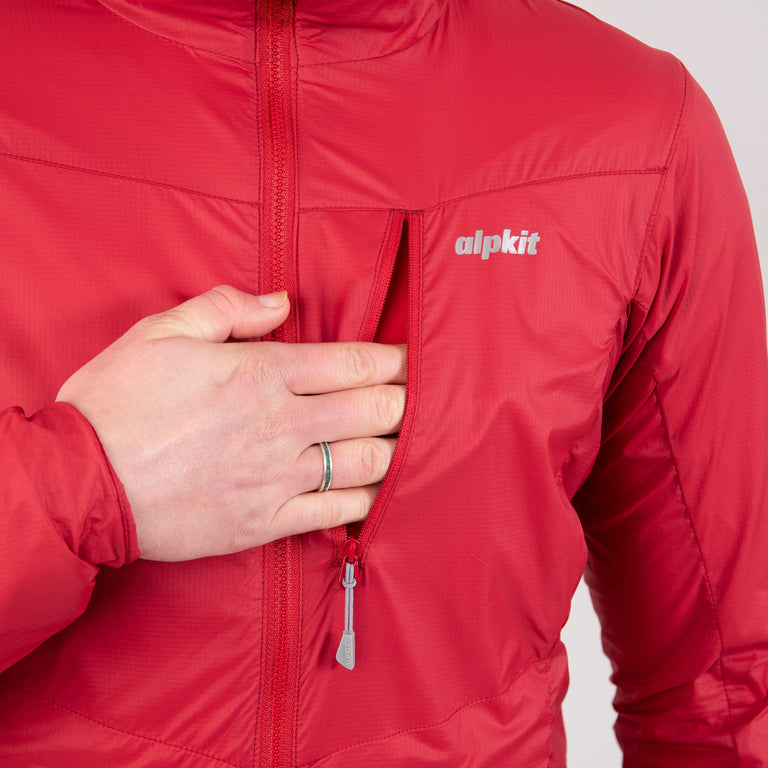 Alpkit women's Morphosis windproof jacket in Chilli red pocket - closed