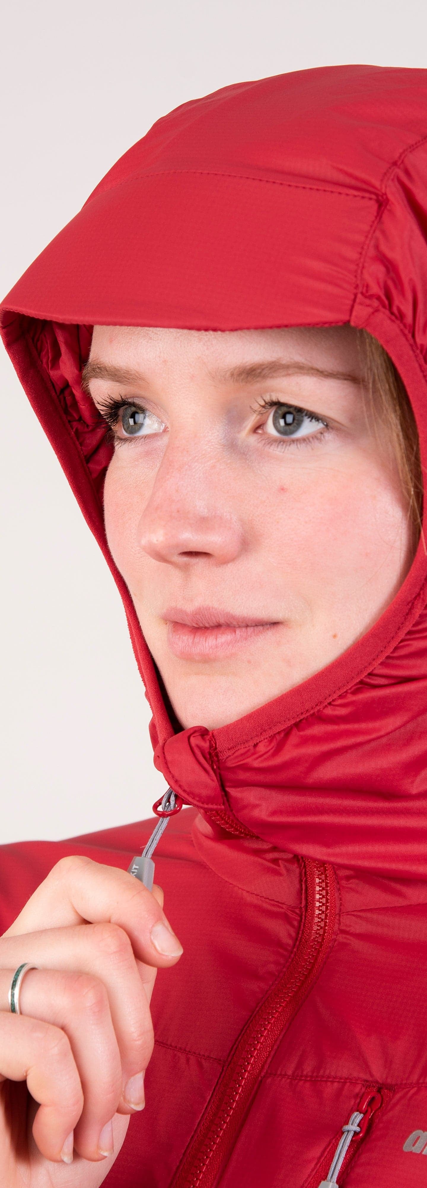 Alpkit women's Morphosis windproof jacket in Chilli red hood - closed