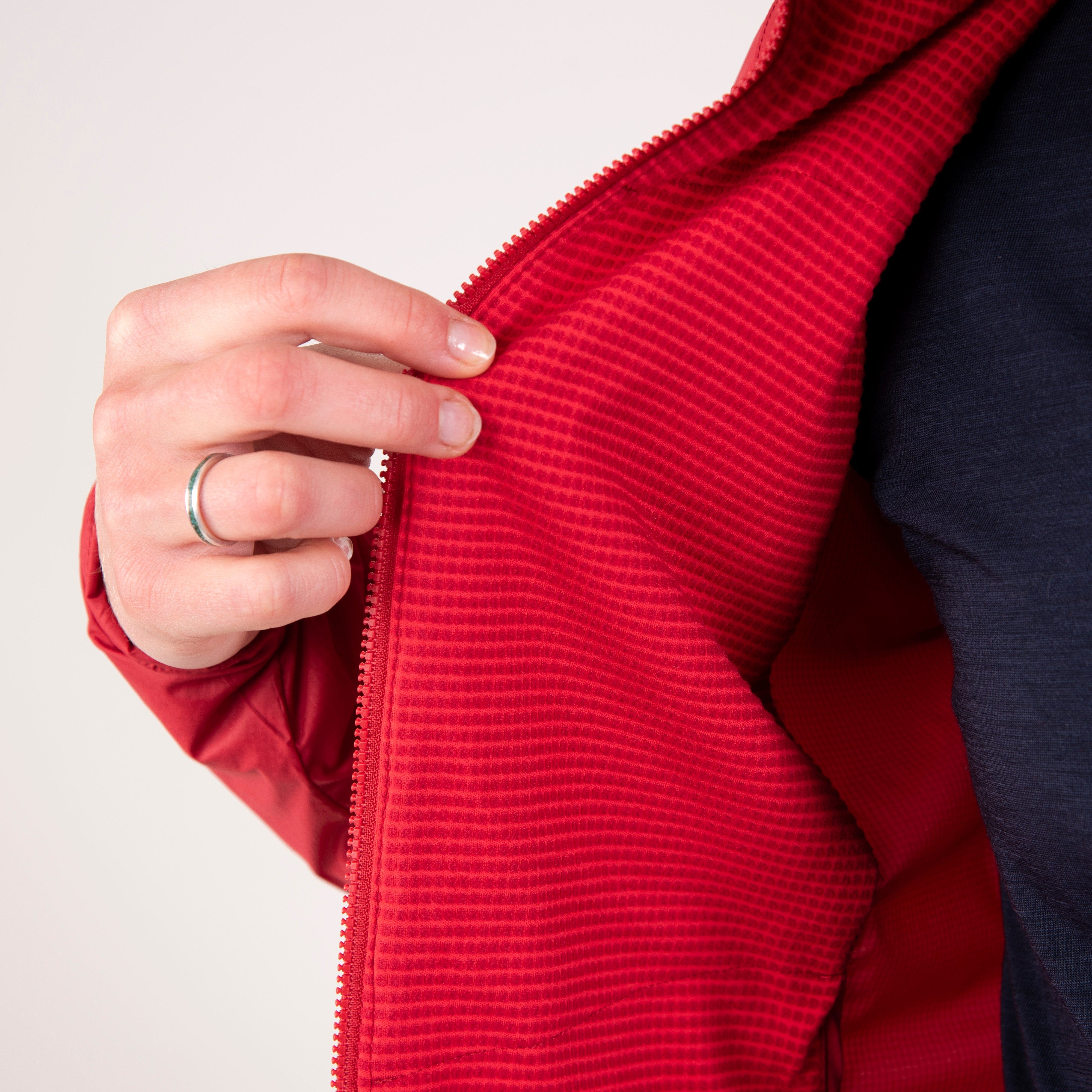 Alpkit women's Morphosis windproof jacket in Chilli red fleece lining - closed