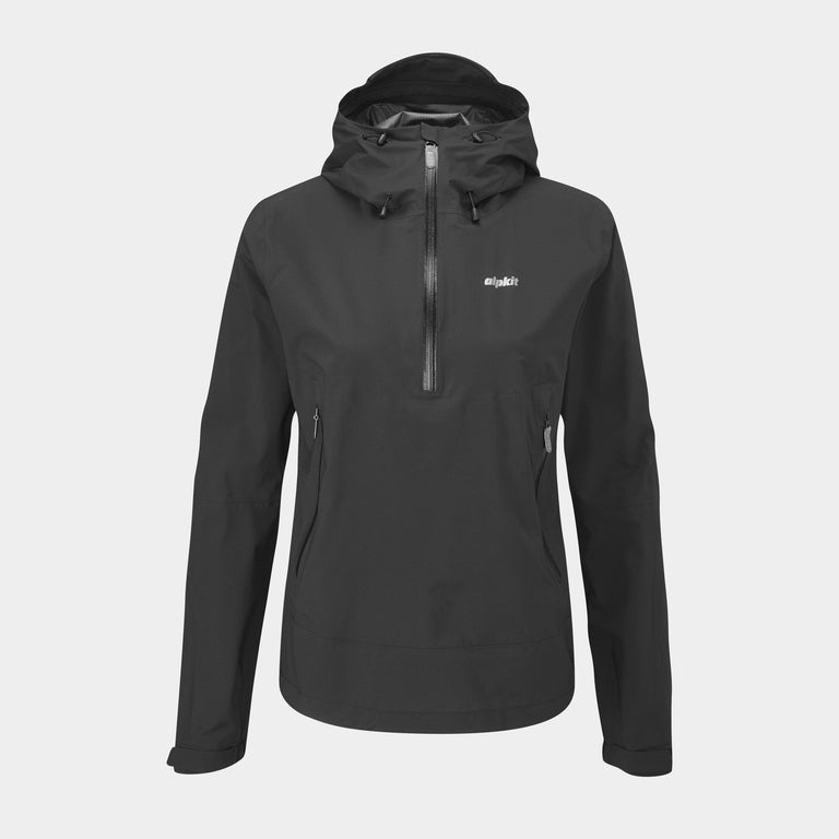 Alpkit women's Pulsar waterproof smock jacket in Black - closed