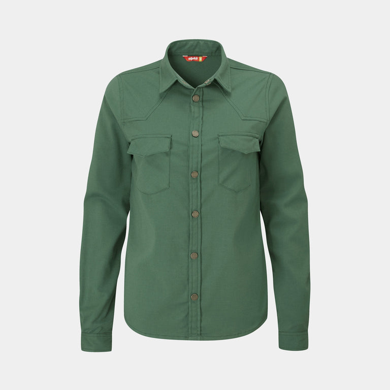 Alpkit women's Woodsmoke [2021] technical shirt in Stirling green - closed